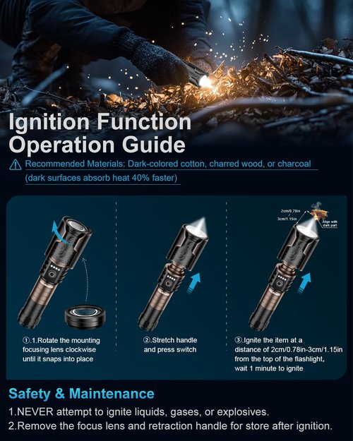 VOLISABER Flashlight 3000 High Lumens with Ignition Lens, Rechargeable Super Bright Zoomable LED Flash Light, 6 Modes Waterproof Handheld Powerful Tactical Flashlights for Camping Essentials Emergency