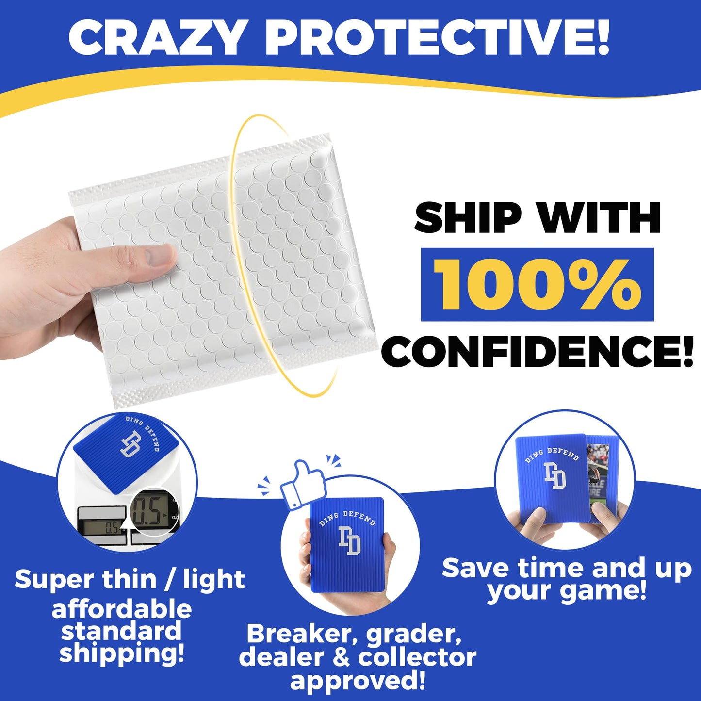 110 Pack Ding Defend Trading Card Shipping Protectors Hard Plastic Card Slab - Guard for Collectible Cards, Mailing Sheet & Hobby Supplies - 3.5 x 4.5 Inches, Blue Corrugated Packaging Pads