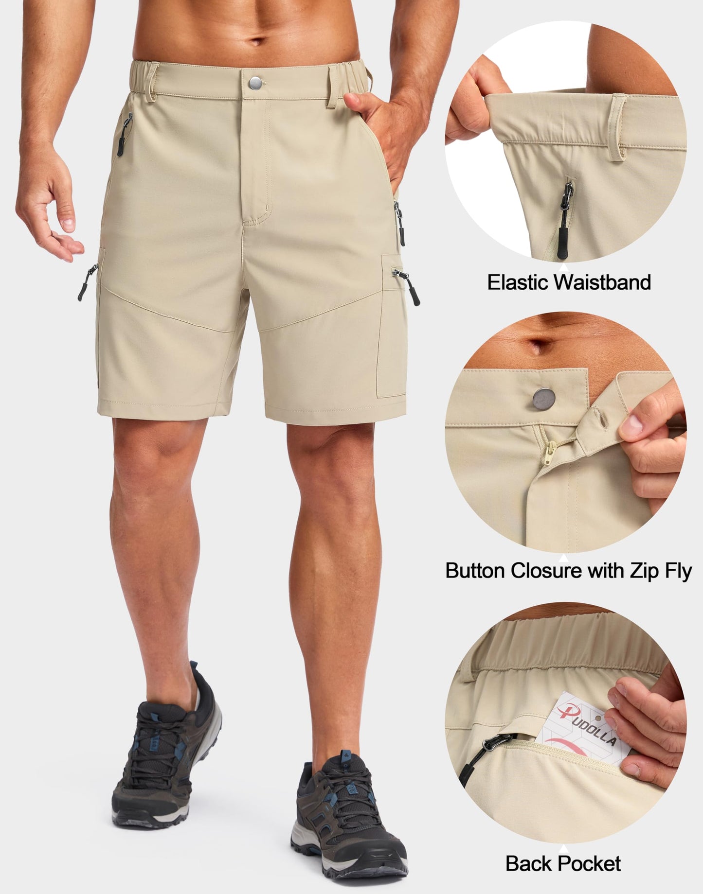 Pudolla Men's Hiking Cargo Shorts Lightweight 7" Travel Casual Shorts for Men Golf Work Outdoor with 5 Zipper Pockets(Khaki Large)