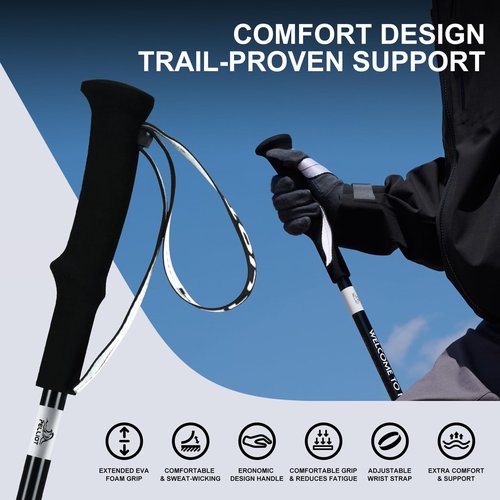 PELLIOT Ultralight Trekking Pole Carbon Fiber & Aluminum Alloy Hiking Pole 3-Section Telescopic Trekking Stick with EVA Foam Grips Adjustable Walking Stick for Hiking Black