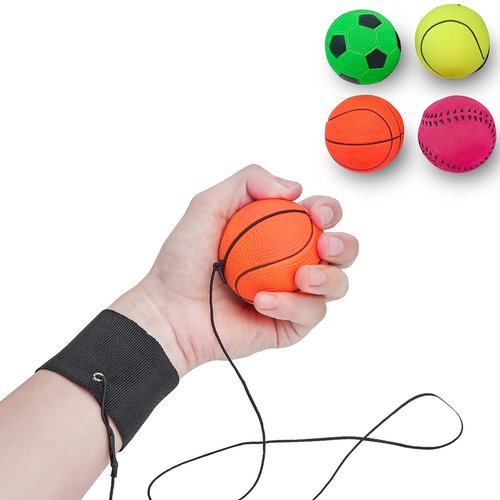 4/8/16 Pack 2.36 Inch Wrist Return Ball Wristband Ball Rubber Rebound Bouncy Sport Ball (Basketball, Baseball, Soccer,Tennis) on Elastic String Wrist Exercise or Play,Gift Toy for Kids Teens Adults