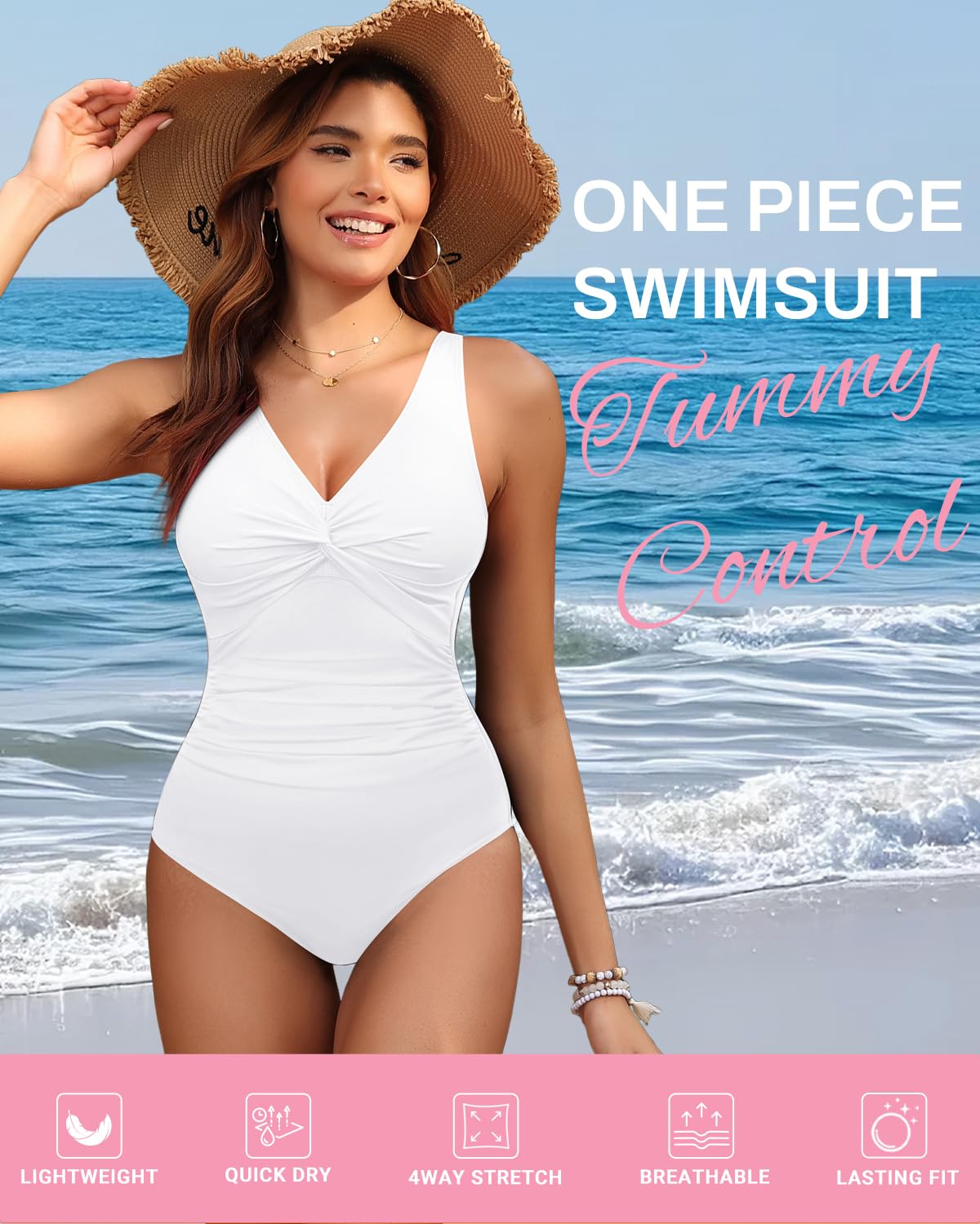 Holipick White Women Tummy Control One Piece Swimsuit - Push Up Bathing Suit Full Coverage Slimming Swimwear M