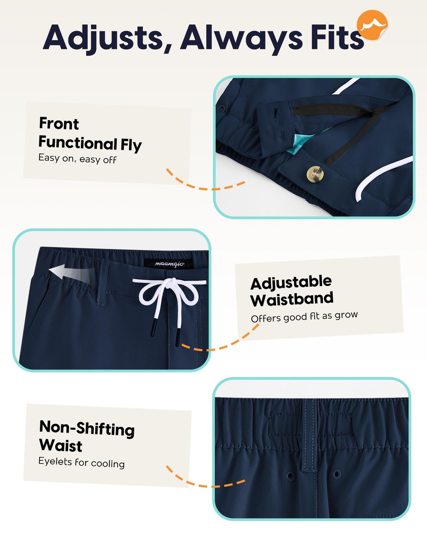 maamgic Boys Casual Shorts with Compression Liner & Zipper Pockets Stretch Fit School Uniform Shorts for Golf，Running Navy-Light Blue