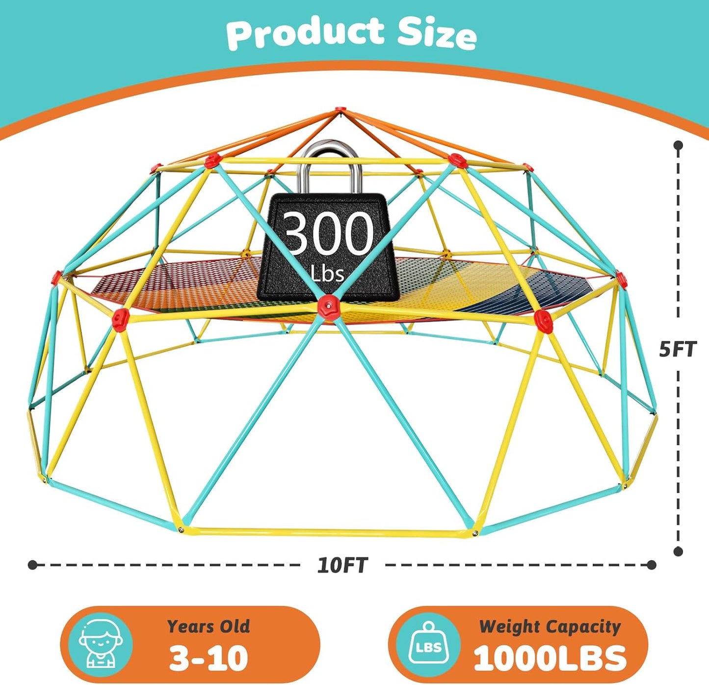10FT Climbing Dome with Climbing Cargo Net, Outdoor Jungle Gym for Kids- Supports 1000LBS-Anti-Rust Metal Outdoor Play Structure ASTM Approved, Easy Assembly