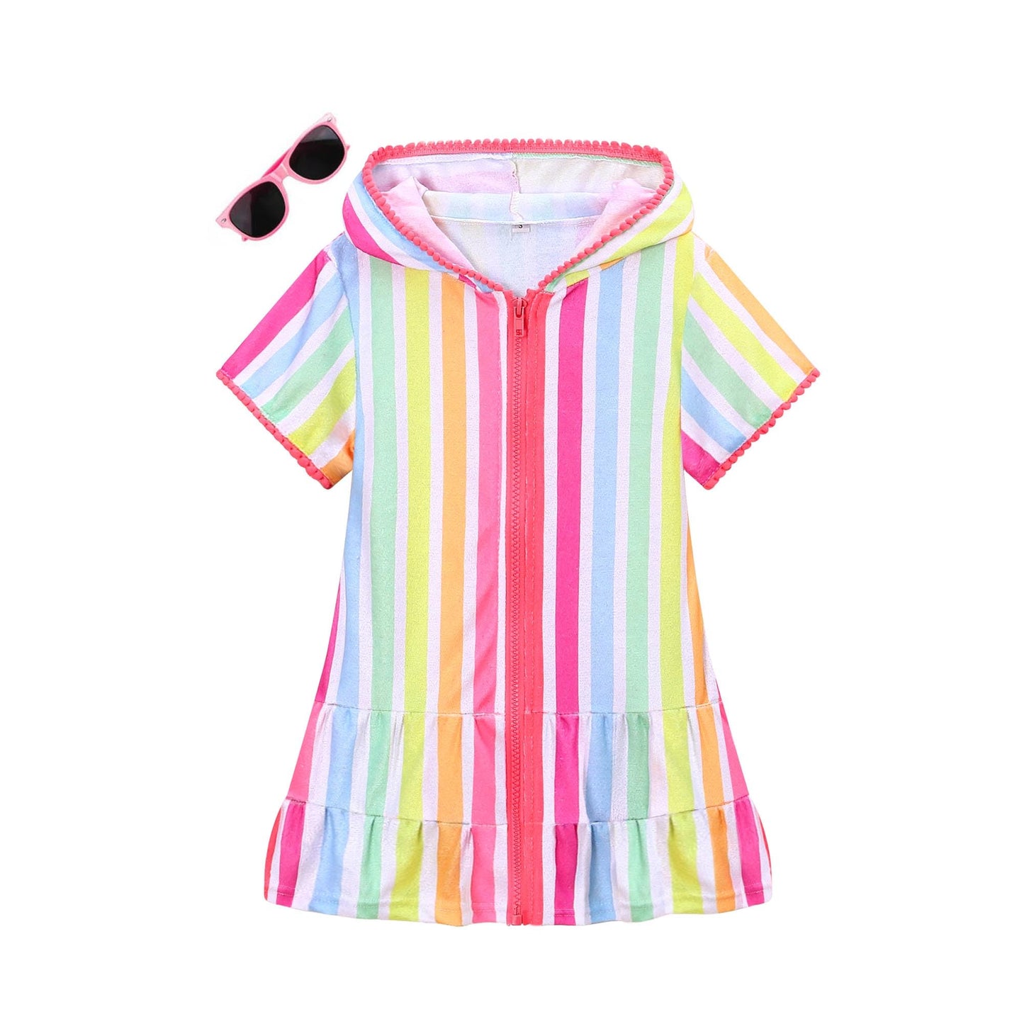 LUCKYGAL Terry Swim Cover-Up for Girls Kids Beach Swimsuit Coverup Bathing Suit, Size 10 11 Pink Striped