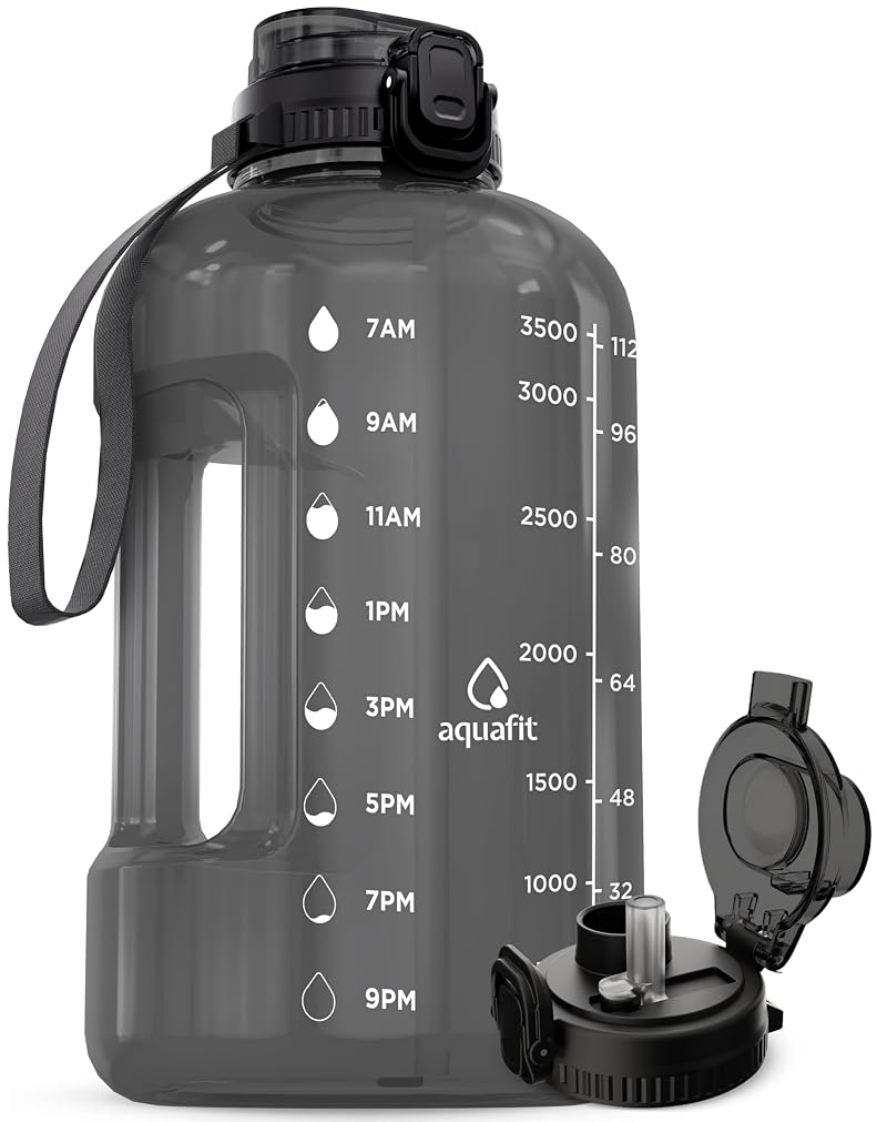 AQUAFIT 1 Gallon Water Bottle with Time Marker + 2-in-1 Lid, Gray 128 oz