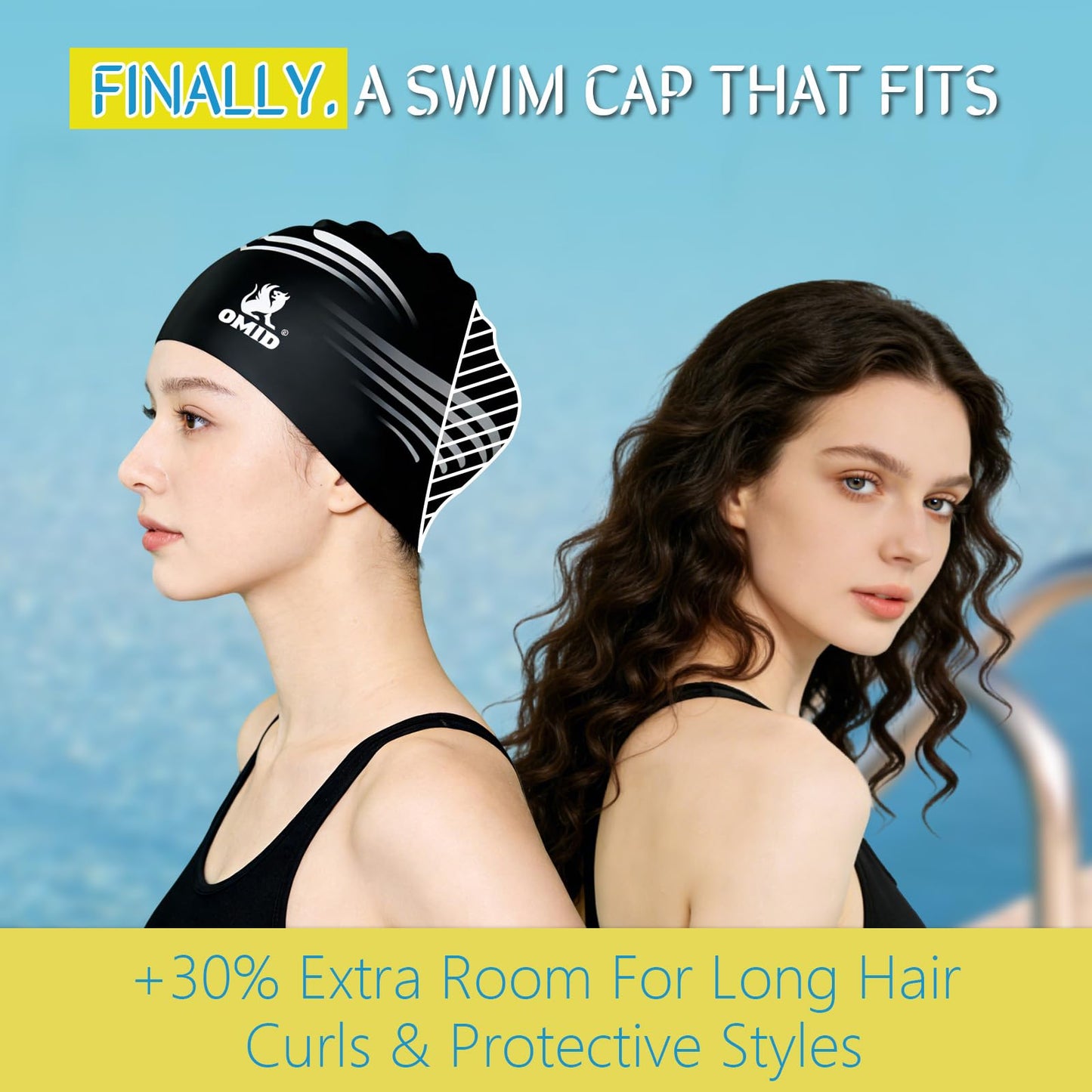 OMID Waterproof Swim Cap for Women with Long Hair - Chemical Resistant Silicone Swimming Cap, UV Protection for Pool Beach, Fits Dreadlocks and Thick Hair (Black)