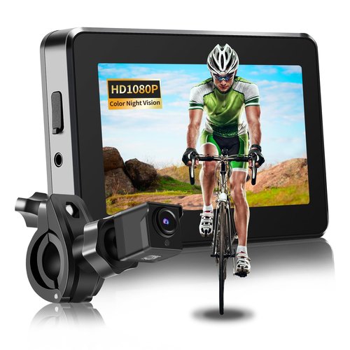 PTAVLO 1080P Bike Rear View Camera with 4.3’’ HD Monitor - IP67 Waterproof, 5-6 Hr Battery, 130°Wide Angle, Night Vision, Tool-Free Bar-End Mount (22.2 mm-31.8 mm)