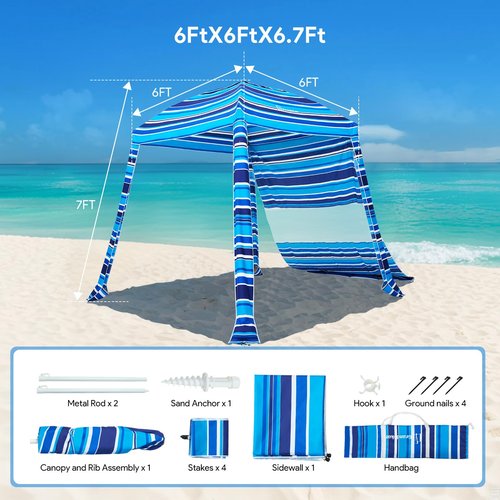 Grandekor Upgraded 6'×6' Pop Up Beach Canopy Tent for Family & Kids UPF 50+ Sun Shelter for Pool Camping with Sand Anchor Sidewall Dark Light Blue White Stripe
