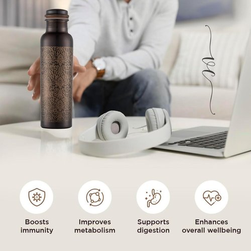 Pure Copper Water Bottle - Indian Handmade Ayurveda Healing Benefit Water Bottle for Drinking, Travel, Hiking, Gym, Office, Outdoor - Antique Finish - 950 ML