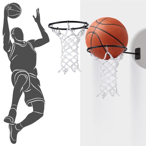 RoundFunny 2 Pcs Basketball Holder Wall Mount Ball Stand Display Storage Rack with Net and Hooks Sports Accessories Organizer for Football Soccer Volleyball Display
