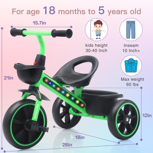 Youthkkee Toddler Tricycle with Light for 2-5 Year Olds - Fun & Safe Kids Trike with Gift, Ideal for 18 Months to 5 Year Old Girls & Boys