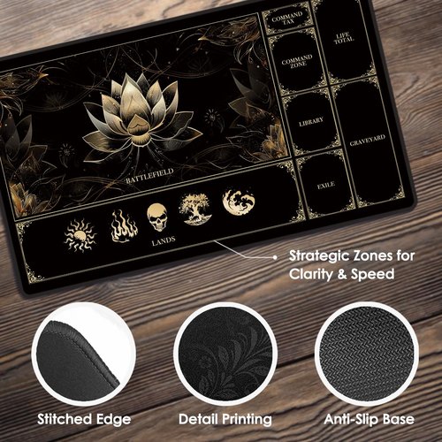 MTG Playmat with Play Zones – Magic Play mat Card Game Mat for Magic The Gathering, Lotus & Basic Lands Design, 24x14 inch, Stitched Edge, Non-Slip Base with Prismatic Playmat Tube-Gold Lotus