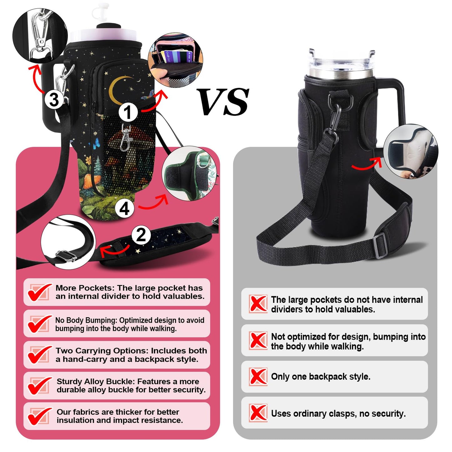 LAOTANGJIA Stanley Cup Carrier 40oz Tumbler with Water Bottle Holder Carrier Bag and Phone with 2 Adjustable Strap Bottle Holder Stanley Cup Accessories for Hiking Travelling Camping,Mushroom
