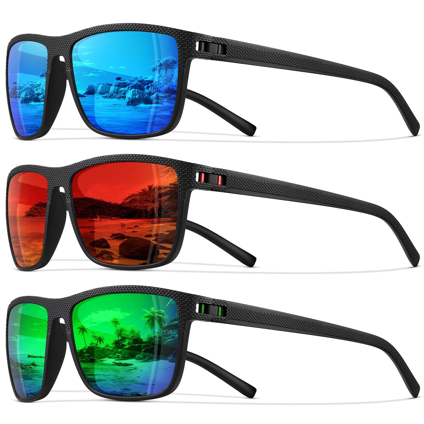 STORYCOAST Polarized Sunglasses for Men Women Classic Square Sports Fishing Running Golf Sun Glasses UV Protection 3Pack-Blue+Red+Green