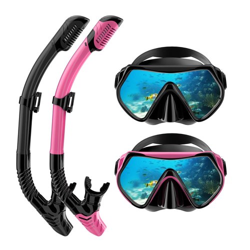 Snorkeling Gear for Adults, Dry-Top Snorkel Set Scuba Diving mask, 180°Panoramic Wide View Professional Snorkeling Gear Breathing Freely Snorkel Mask (Black+Pink)