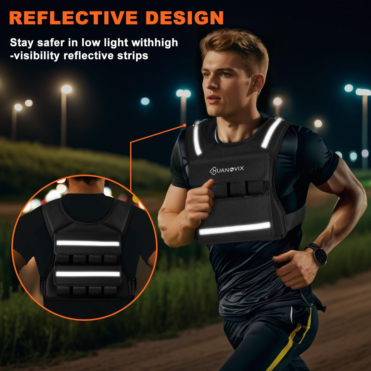 Huanovix Weighted Vest, 0-40 LBS Adjustable Weight Vest With Reflective Stripe, No Weights Included, Ultra Thick Shoulder Padding Design Rucking Vest for Walking, Running, Strength Training, Etc