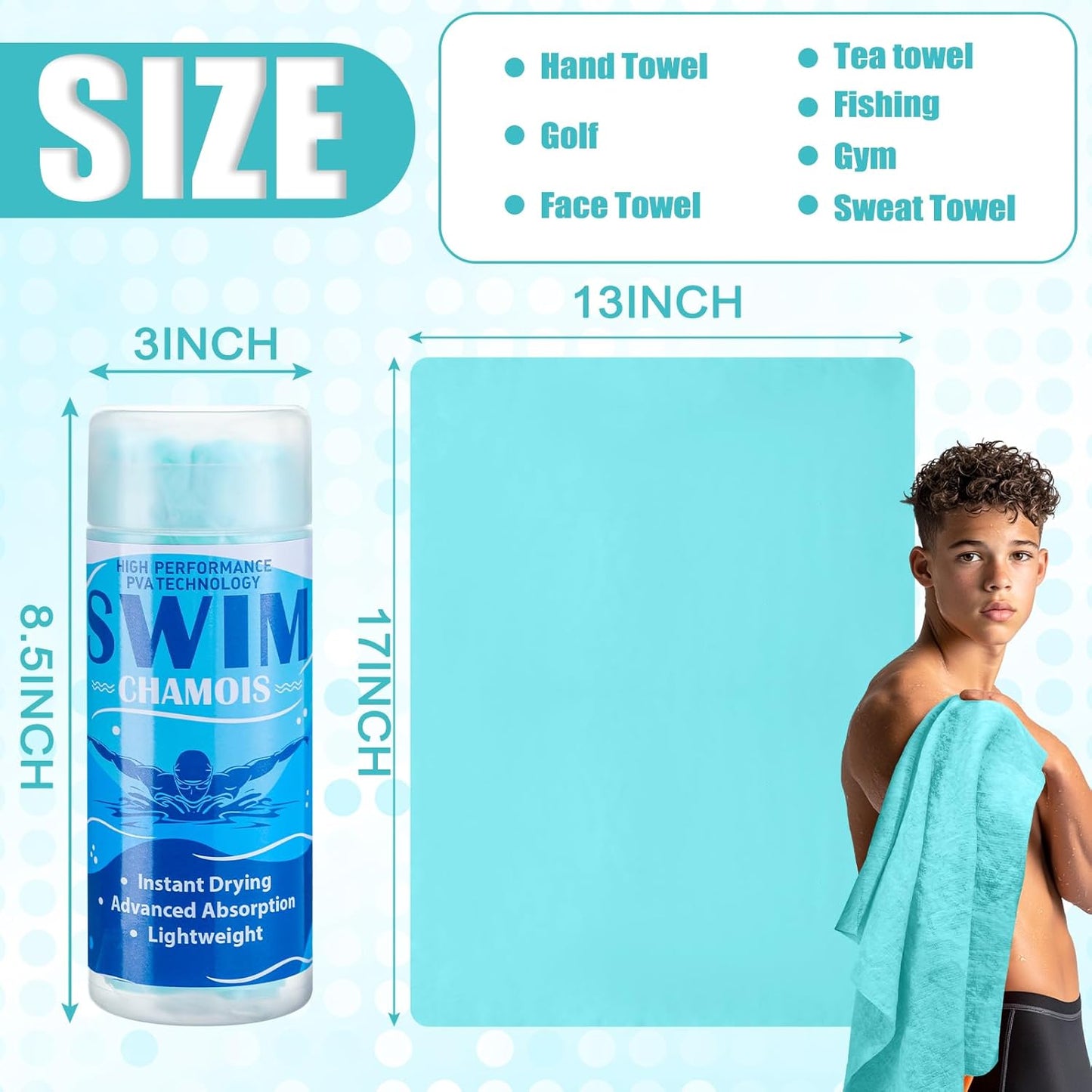 2 Pack Swim Chamois Towel Water Absorbent Quick Dry Towel Shammy Chamois Cloth for Swimming Car Drying Diving Water Sports Beach Shower Pool Swimmer Gift, 13 x 17 Inches