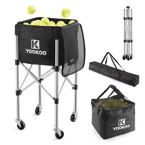 YooKoo Sturdy Tennis Ball Hopper Holds 200 Balls, Lightweight Tennis Ball Basket with 2 Lockable Wheels, Easy to Use Without Installation for Tennis Training and Teaching