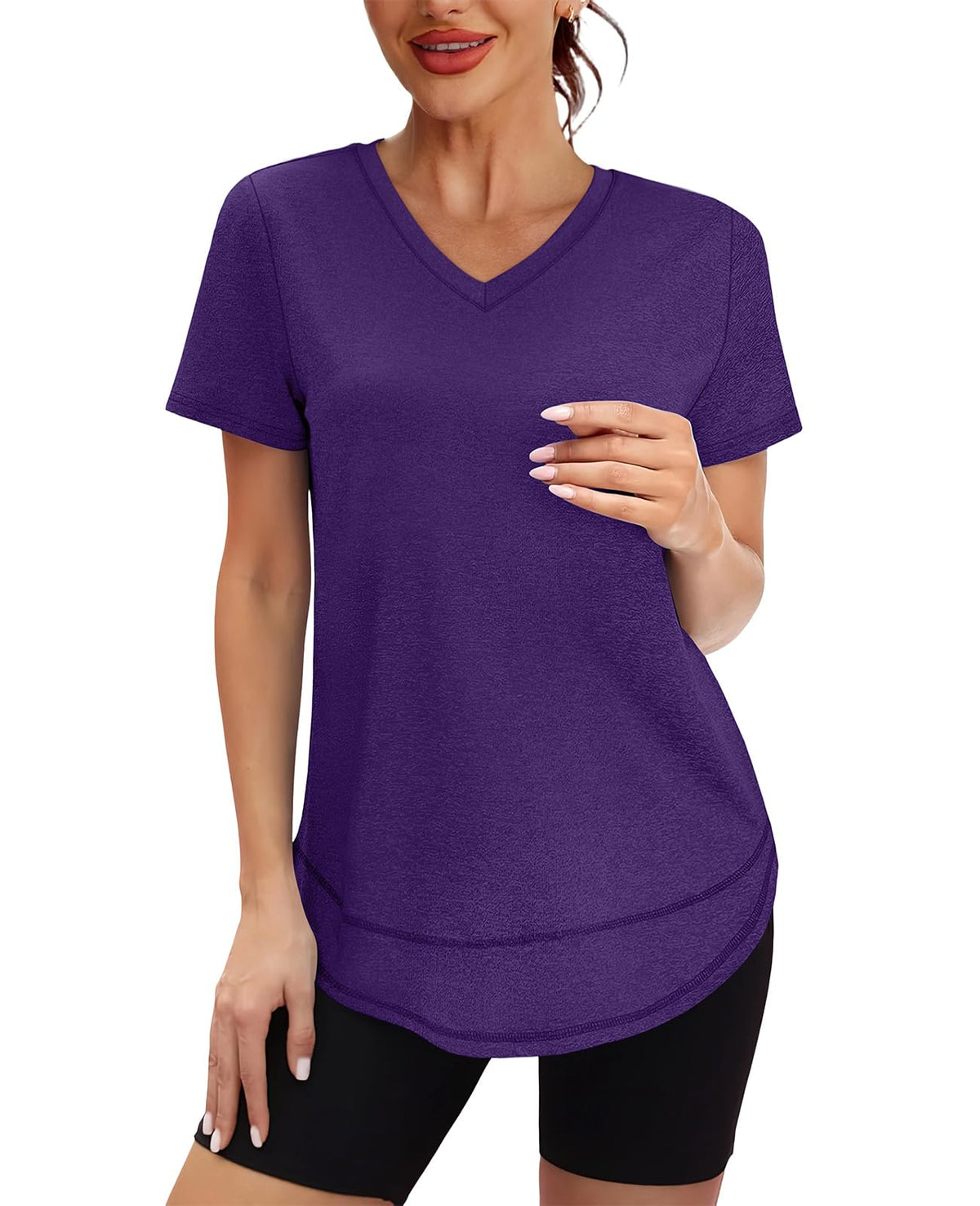 Short Sleeve Shirts for Women Workout Yoga Tops Sun Protection Clothing Summer Outfits Rash Guard Side Slit V Neck Purple XL