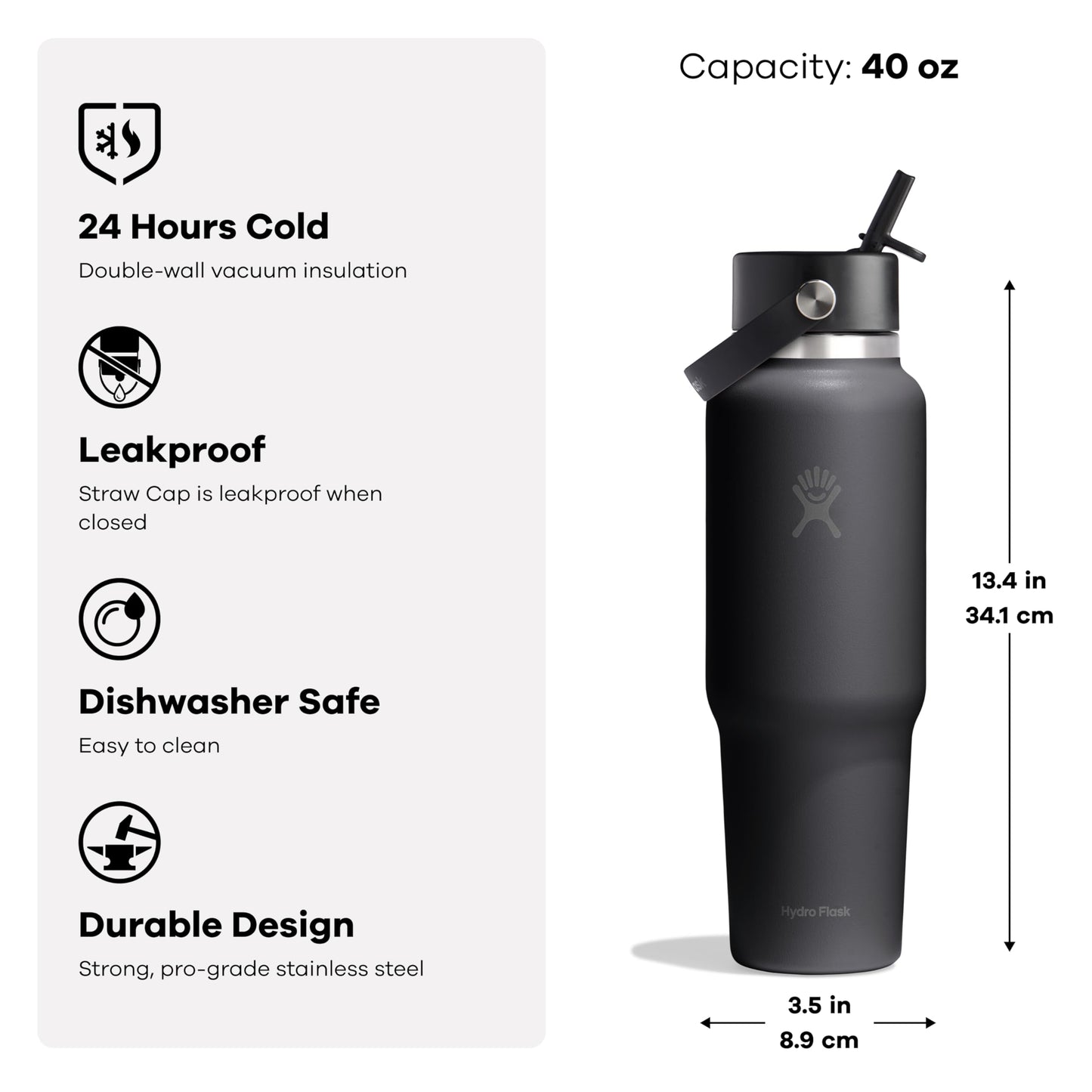 Hydro Flask Travel Water Bottle - Insulated Stainless Steel - Wide Straw Lid, Non Spill, Leakproof in 40 Oz Capri Blue