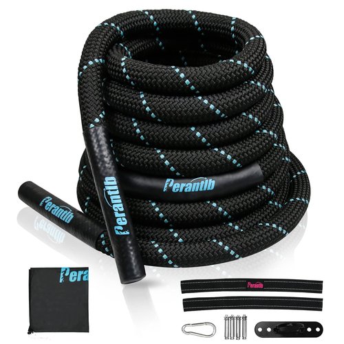 Perantlb 100% Poly Dacron Heavy Battle Rope - 1.5" Diameter, 30” 40”50”Lengths - Black Workout Rope - Gym Muscle Toning Metabolic Workout Fitness - Battle Rope Anchor Included (1.5" x 30 ft)