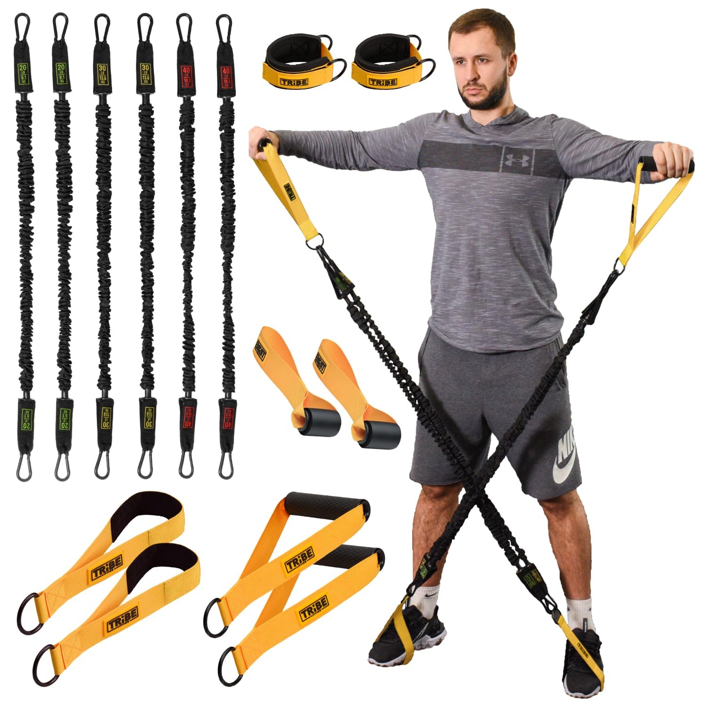 Tube Resistance Bands for Working Out Men and Women - 180lb Exercise Bands Set with Handles, Resistance Band Bar, Ankle Straps, Foot Straps, Door Anchor for Home Gym Strength (Yellow)