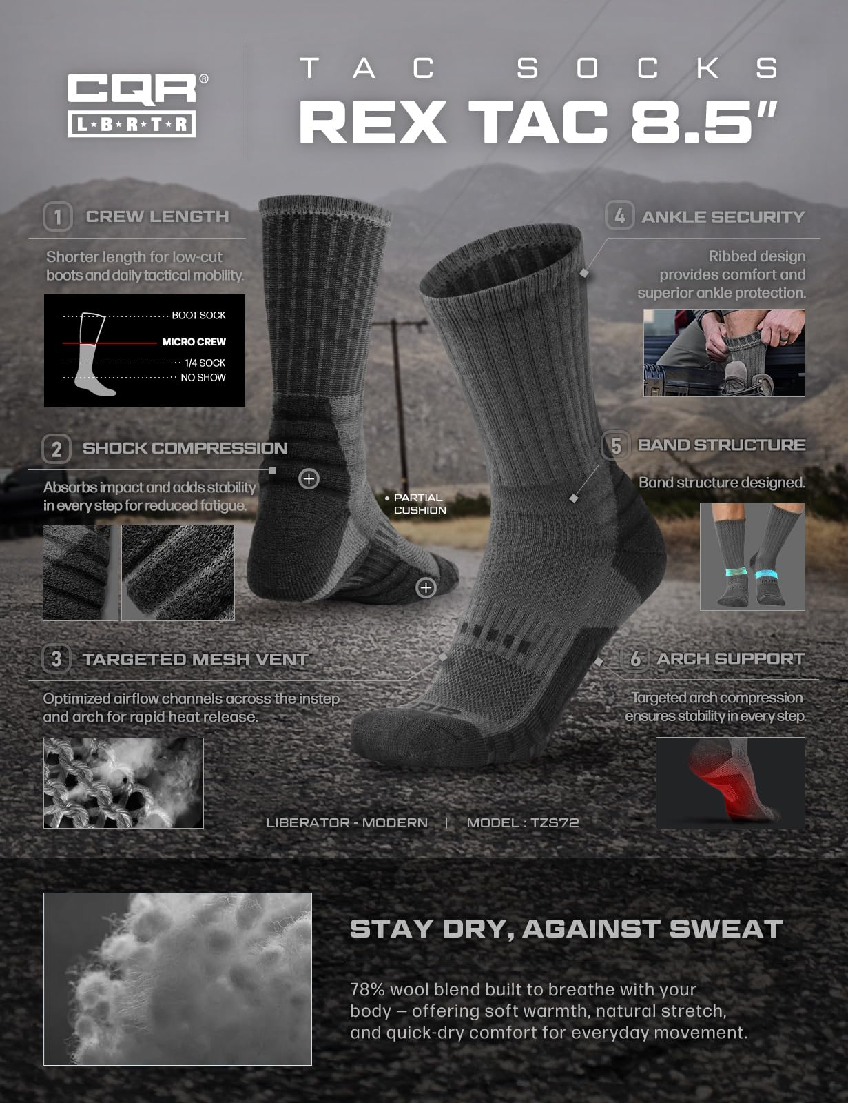 CQR 3 Pack Men and Women Wool Hiking Mid Calf Crew Socks, Moisture Wicking Breathable Outdoor Tactical Cushion boot Socks, Rex Tac 8.5in Light Grey, Medium
