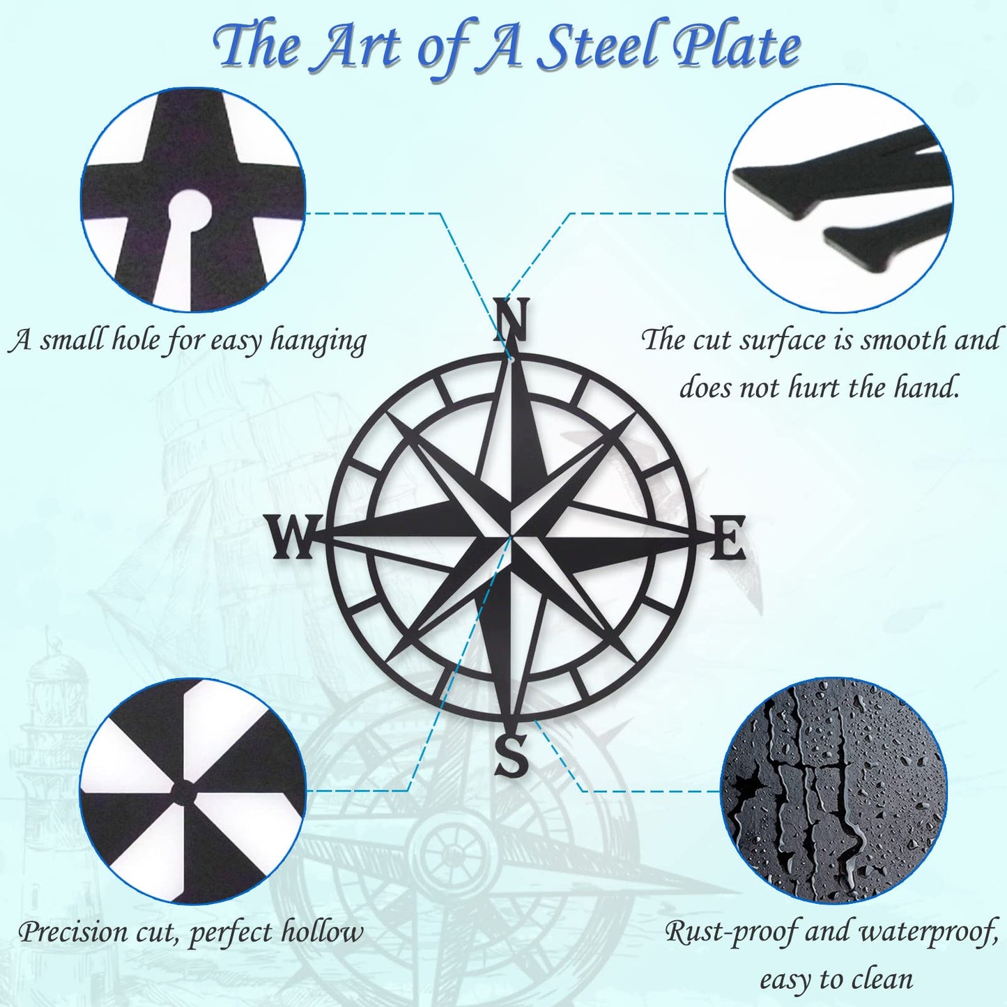 Resama Black Metal Décorative Nautical Compass Wall Decor, Indoor or Outdoor Wall Hanging Art Perfect for Beach