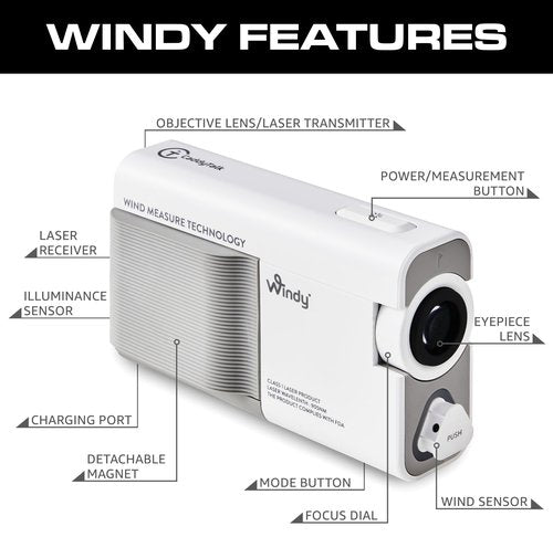CaddyTalk Windy Laser Golf Rangefinder with Real-Time Wind Measurement, Triangulation Technology, 7X Zoom, M-Slope2, E-Slope, 0.1–1,093 Yards, IP54 Water-Resistant, 800mAh Rechargeable Battery
