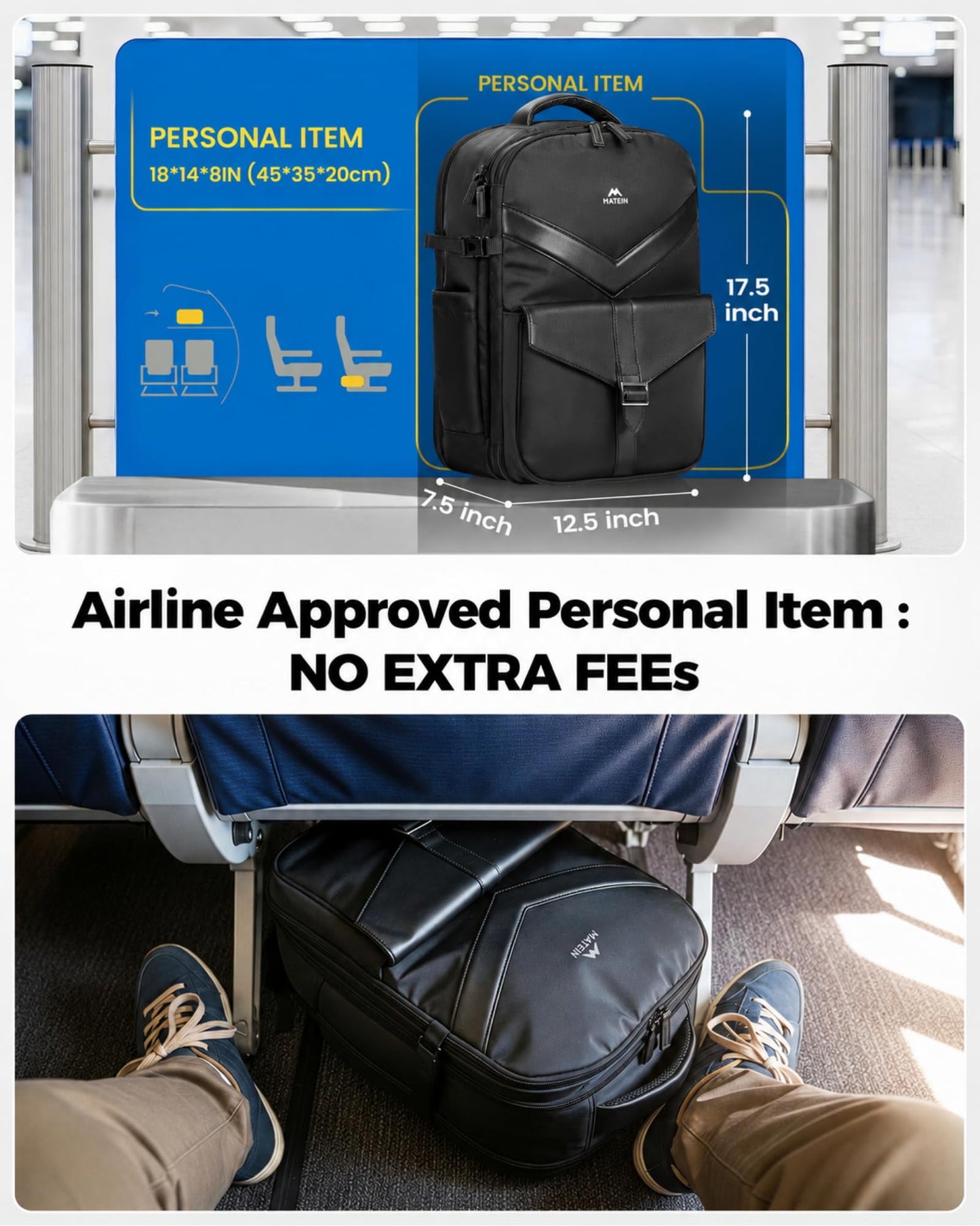 MATEIN CLASSIC Personal Item Backpack with Detachable Tech Organizer