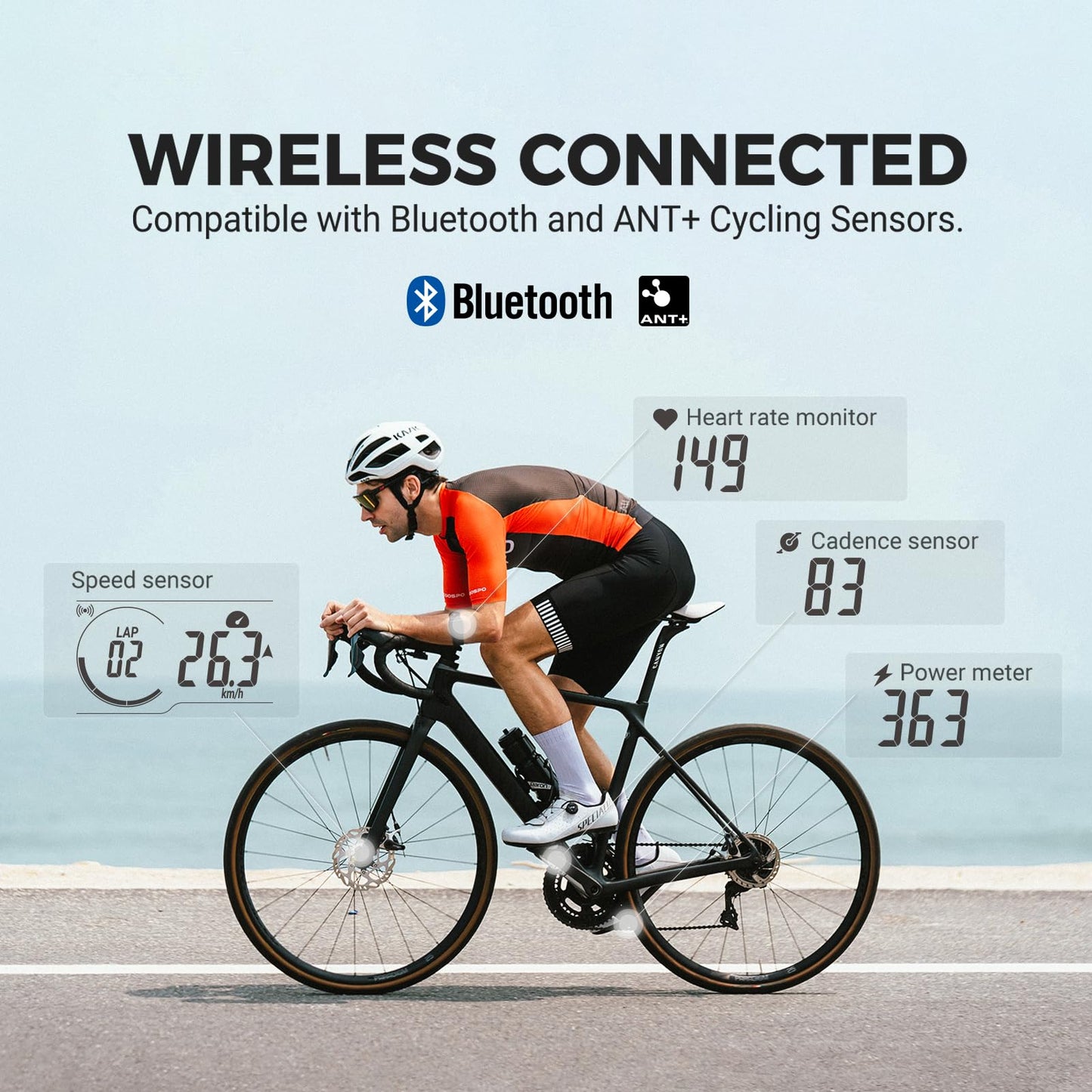 COOSPO CS300 GPS Bike Computer, Wireless Cycling Computer with 2.6 Auto-Backlight LCD Screen, Bluetooth5.0 ANT+ HR/S&C/Power Sensor Compatible, Bicycle GPS Computer for Road/Mountain Bike