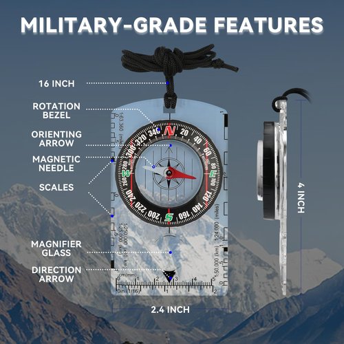 Orienteering Compass, Wilderness Survival Compass for Kids- Magnetic Gear Set Navigation Map- Backpacking Camping Hunting Survival (Clear)