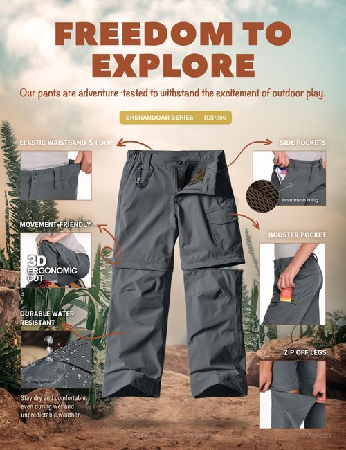CQR Kids Youth Hiking Cargo Pants, UPF 50+ Quick Dry Convertible Zip Off Pants, Outdoor Camping Pants, Shenandoah Carbon Grey, Large
