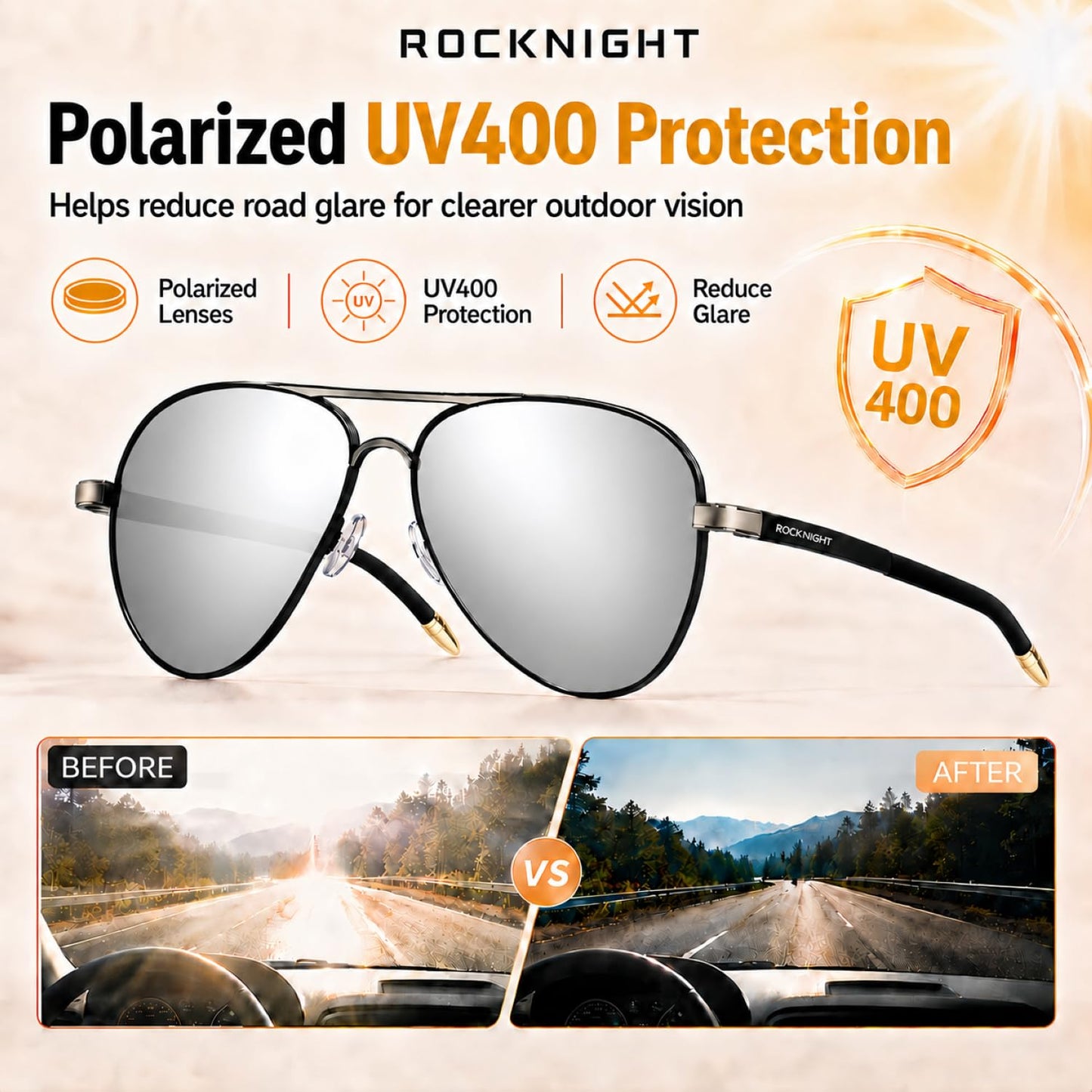 ROCKNIGHT Polarized Aviator Sunglasses for Men Women UV400 Metal Frame Flat Top Driving Outdoor Shades Lightweight 58mm Silver Mirror Lens