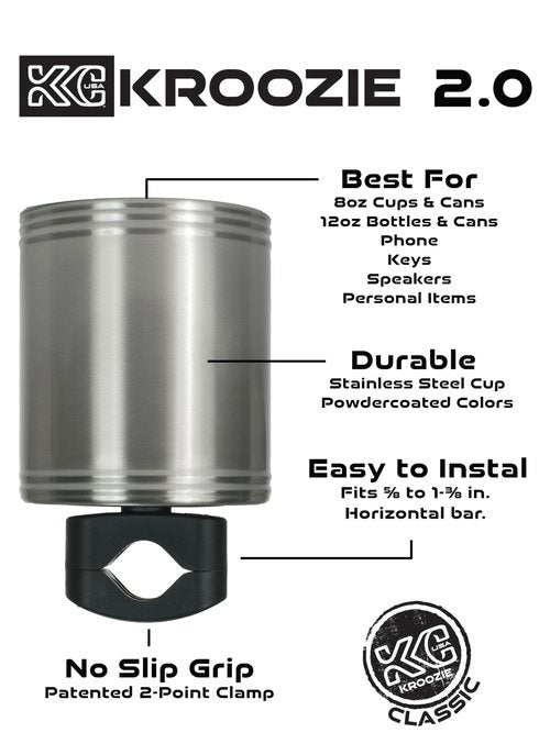 Kroozie 2.0 Bike Bottle Holder – Sturdy, Stainless Steel Bike Cup Holder for Handlebars, Horizontal Bars, & Cups up to 30 Oz. – Stroller, Cruiser, Scooter, & Ebike Accessories, Flat Black