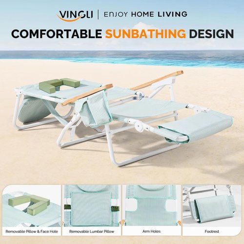 VINGLI Deluxe 3 in1 Beach Chair, Tanning Chair with Face Hole, Reclining Lounge with Foot Rest, Cup Holder and Storage Bag，Beach Lounge for Outdoor-Yellow