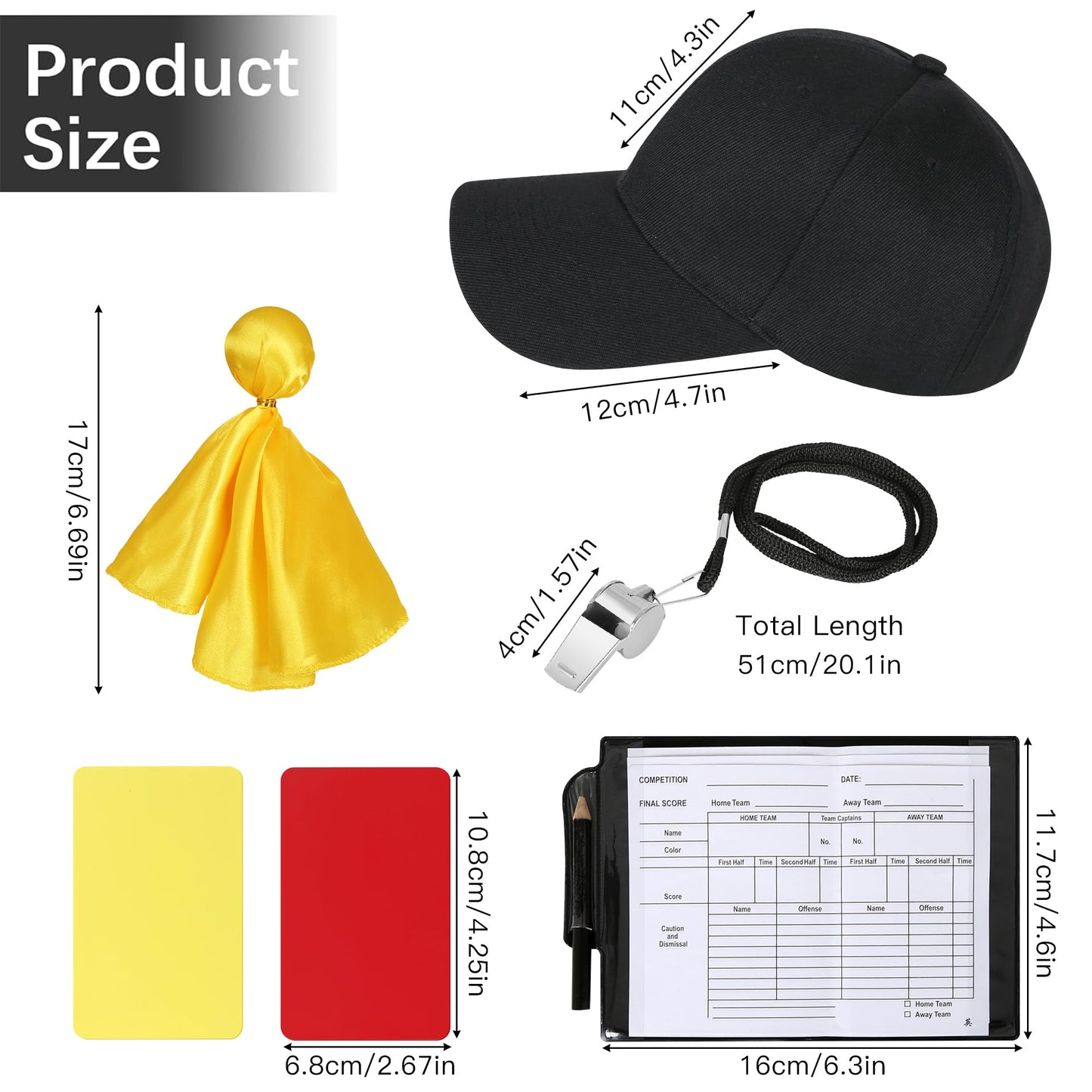 Tinyones Referee Shirt, Men's Black and White Striped Collar, Referee Card, Referee Hat, Free Throw Flag, Whistle (Large)