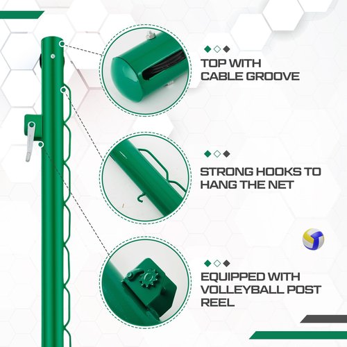 Otoolling Round Tennis Posts with Net Crank Outdoor Heavy Duty Professional Green Tennis Permanent Court Kit for Net Quick Fixation System Equipped with a Cable Reel