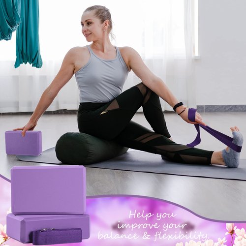 Wettarn 30 Pack Yoga Block and Strap Set 15 Pcs Non-Slip Yoga Blocks with 15 Pcs Metal D Ring Stretching Exercise Workout Fitness Accessory for Gym(Purple)