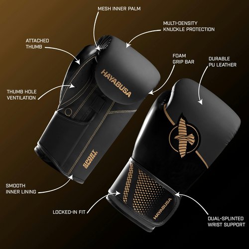 Hayabusa Sport Boxing Gloves for Men and Women – Dual-Splinted Wrist Support, Multi-Density Foam Padding, Contoured Fit – Ideal for Boxing, Kickboxing, and Muay Thai Training - Black/Gold, 12oz