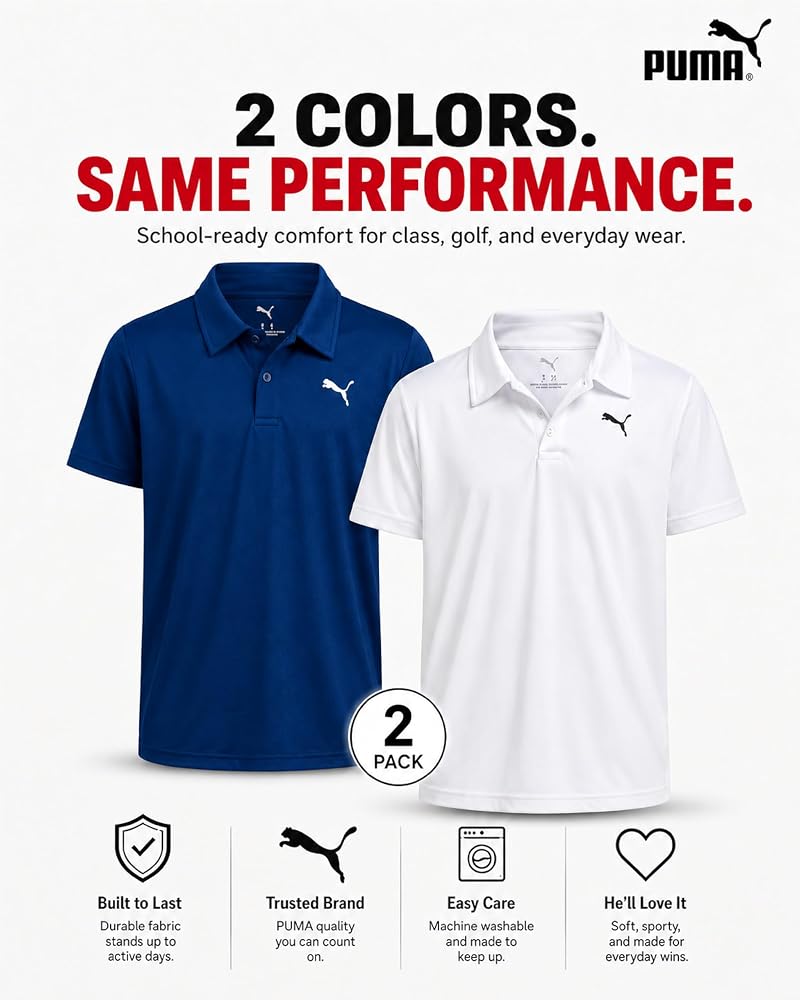 PUMA Boys Polo Shirts 2 Pack Navy/White 10-12 – Performance Golf Collared Polos