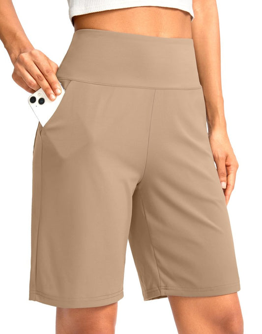 G Gradual Women's Bermuda Long Shorts with Pockets 9" High Waisted Knee Length Shorts for Women Walking Athletic Workout(Khaki,M)