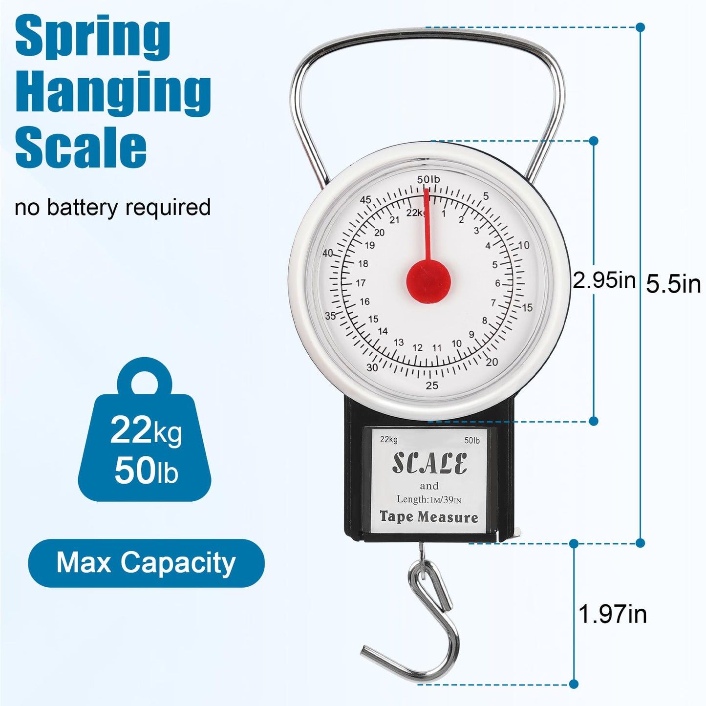 Mechanical Hanging Scale Multi-Purpose Portable Spring Dial Weight Scale with Tape Measure for Fishing Kitchen Farms