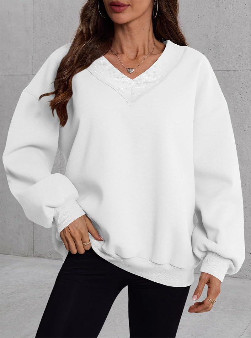 Hilinker Women’s V-Neck Oversized Sweatshirt White Large