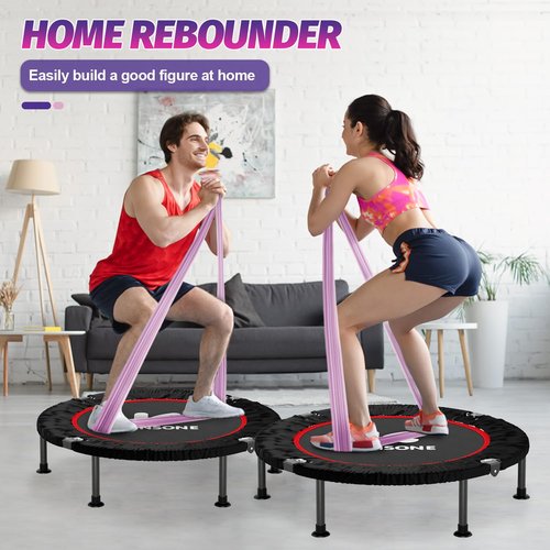 K KENSONE 40" Mini Spring Trampoline with Purple Resistance Band, Rebounder Trampoline for Adults, Small Fitness Rebounder for Indoor Exercise, Max Load 330 LBS
