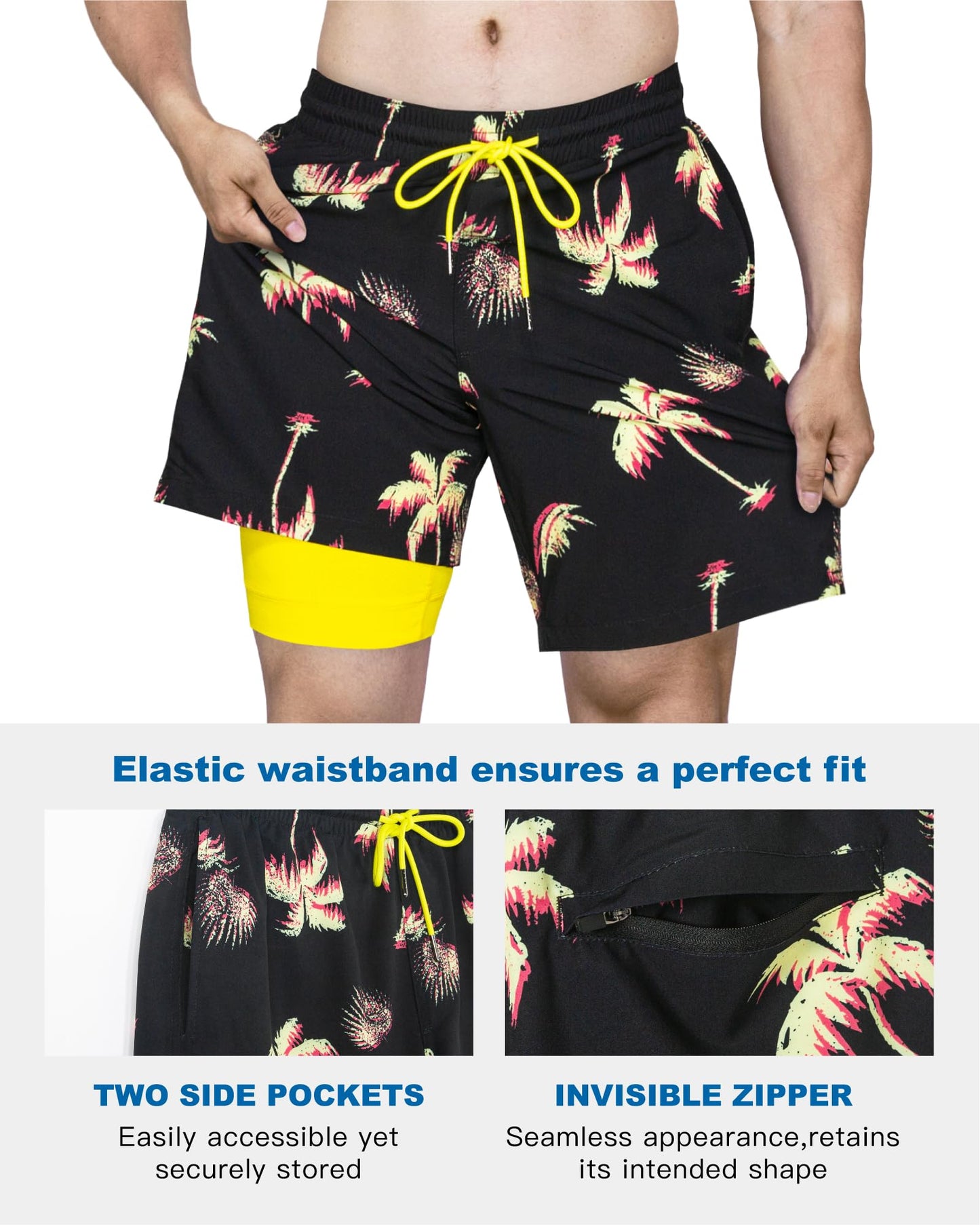SURF CUZ Mens Swim Trunks with Compression Liner Quick Dry Swim Shorts 7" Swimming Trunks Stretch Bathing Suit 7 Inch,Neon Palms,XL