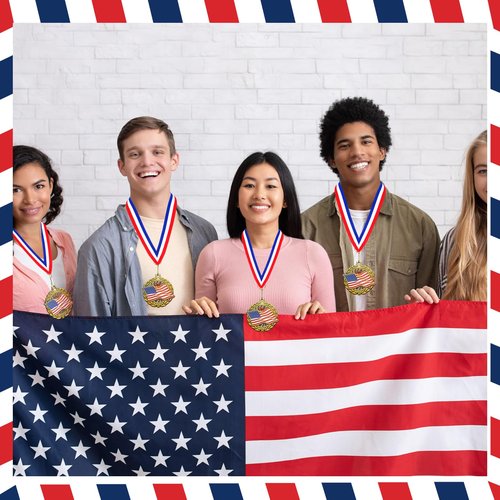 Loetere 30 Pack Gold Patriotic Medals 2'' American Flag Medals Bulk Trophy with Neck Ribbons Spirit Medallion with Stars Stripes USA Flag Independence Day Awards for Participation Prize Winner Gift