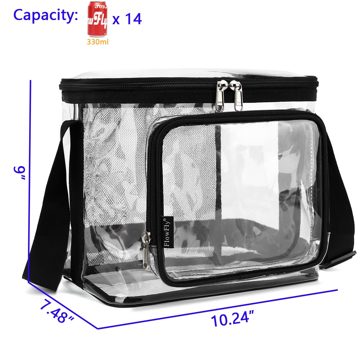 FlowFly Insulated Reusable Lunch Bag Adult Large Lunch Box for Women and Men with Adjustable Shoulder Strap,Front Zipper Pocket and Dual Large Mesh Side Pockets, Clear