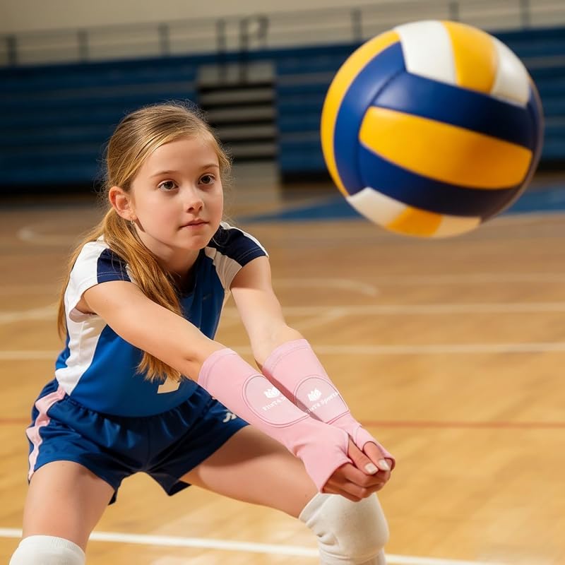 Girls Volleyball Arm Sleeves with Thumbhole and Padded Protection – Pink+10"